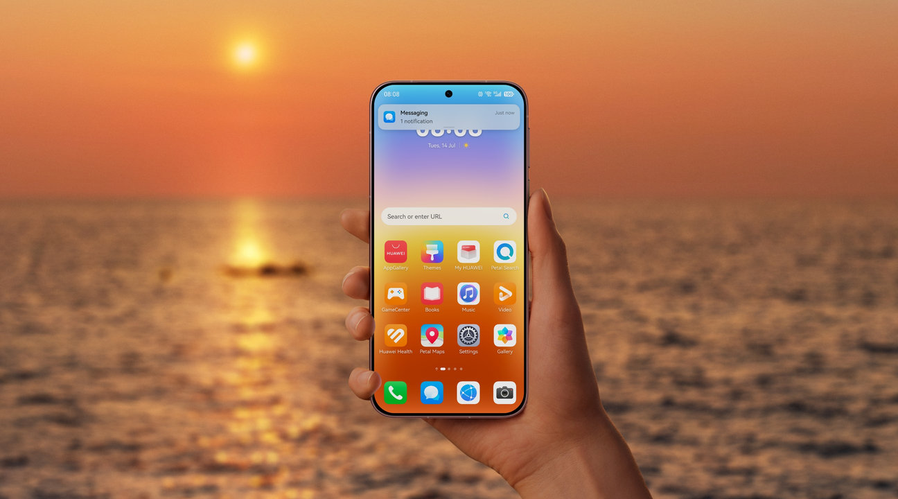 Phone in hand at sunset